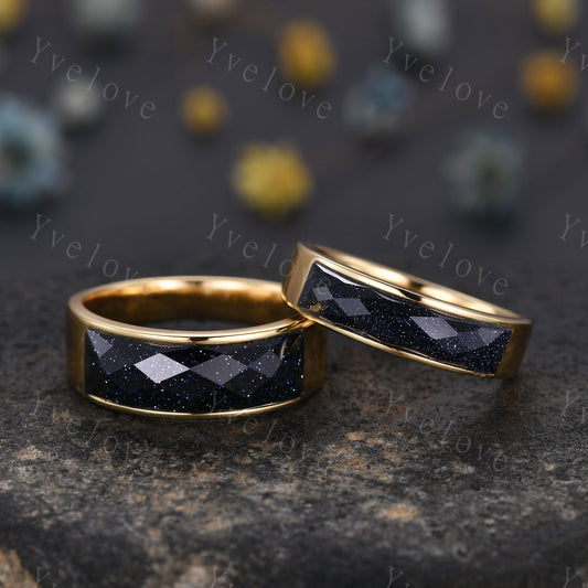 Space Galaxy Ring Unisex Gold Band Blue Sandstone Wedding Band Couples Ring Set His and Hers Sterling Silver Matching Couples Promise Ring