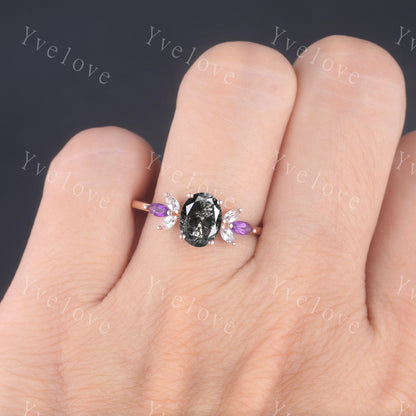 Vintage Oval Salt Pepper Diamond Engagement Ring Set Rose Gold Women Moissanite Amethyst Gem Matching Band Promise Stacking Ring Women Gift