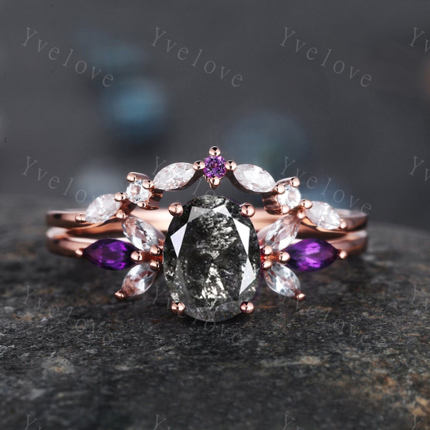 Vintage Oval Salt Pepper Diamond Engagement Ring Set Rose Gold Women Moissanite Amethyst Gem Matching Band Promise Stacking Ring Women Gift