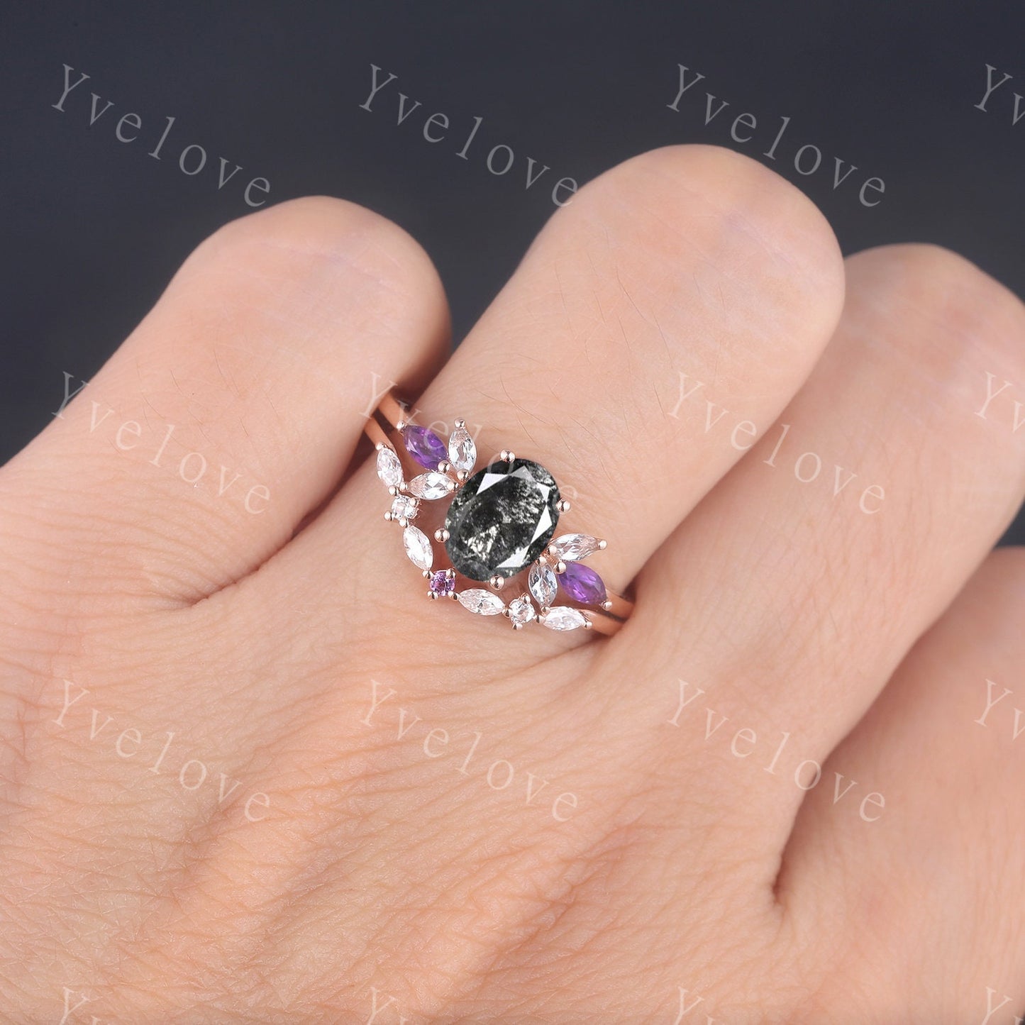 Vintage Oval Salt Pepper Diamond Engagement Ring Set Rose Gold Women Moissanite Amethyst Gem Matching Band Promise Stacking Ring Women Gift