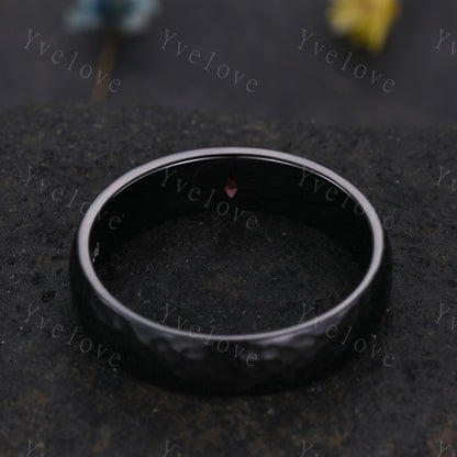 Mens Kite Red Garnet Wedding Band Retro Black Gold Ring Mens Hammered Stackable Matching Ring January Birthstone Vintage Ring Gift For Him