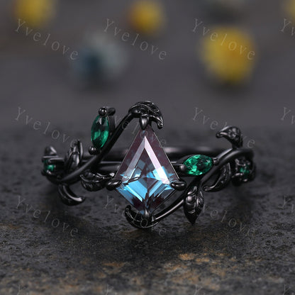 Vintage Kite Alexandrite Engagement Ring Set,Black Gold,Leaf Emerald Amethyst Ring,Women Bridal Set,Unique Nature Inspired Promise Ring Gift