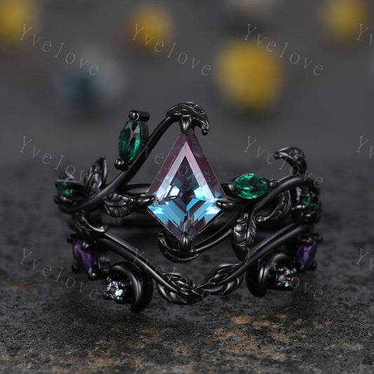 Vintage Kite Alexandrite Engagement Ring Set,Black Gold,Leaf Emerald Amethyst Ring,Women Bridal Set,Unique Nature Inspired Promise Ring Gift