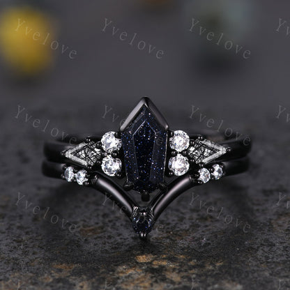 Gothic Coffin Cut Sandstone Engagement Ring Set,Unique Nebula Ring,Kite Black Rutilated Quartz,Black Gold Galaxy Diamond Anniversary Gift