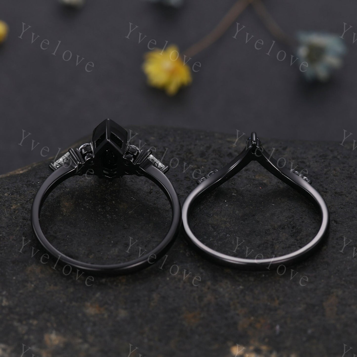 Gothic Coffin Cut Sandstone Engagement Ring Set,Unique Nebula Ring,Kite Black Rutilated Quartz,Black Gold Galaxy Diamond Anniversary Gift