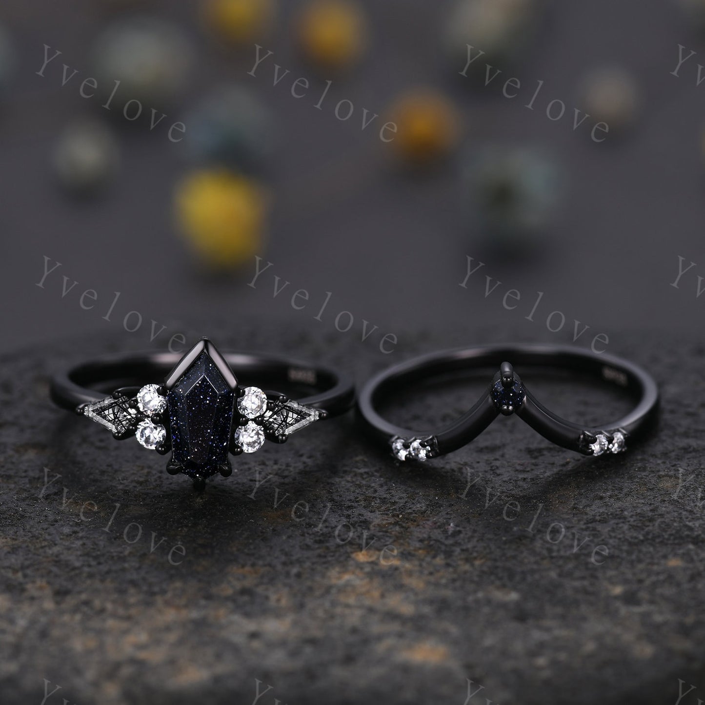 Gothic Coffin Cut Sandstone Engagement Ring Set,Unique Nebula Ring,Kite Black Rutilated Quartz,Black Gold Galaxy Diamond Anniversary Gift