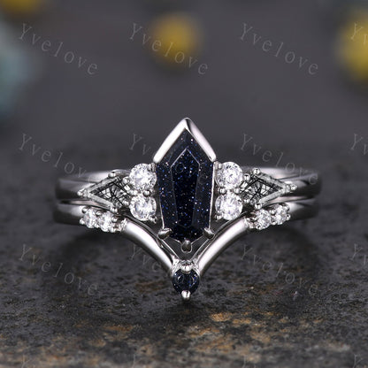 Gothic Coffin Cut Sandstone Engagement Ring Set,Unique Nebula Ring,Kite Black Rutilated Quartz,Black Gold Galaxy Diamond Anniversary Gift