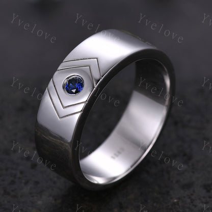 4mm Mens Round Cut Blue Sapphire Wedding Band Sapphire Engagement Ring Plain Polished Band Mens Stacking Band His Wedding band 925 Silver