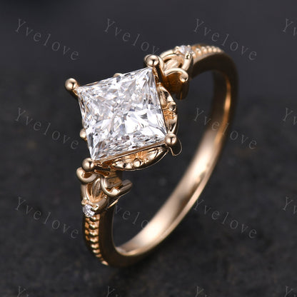 Unique Princess Lab Grown Diamond Engagement Ring 18K Solid Gold Milgrain Vintage CVD Diamond Wedding Ring Art Deco Promise Ring For Women