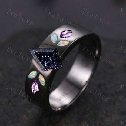 Couple Ring Mens Kite Cut Blue Sandstone Engagement Ring Marquise opal amethyst Wedding Band Black Band Mans Stacking Ring His Wedding band