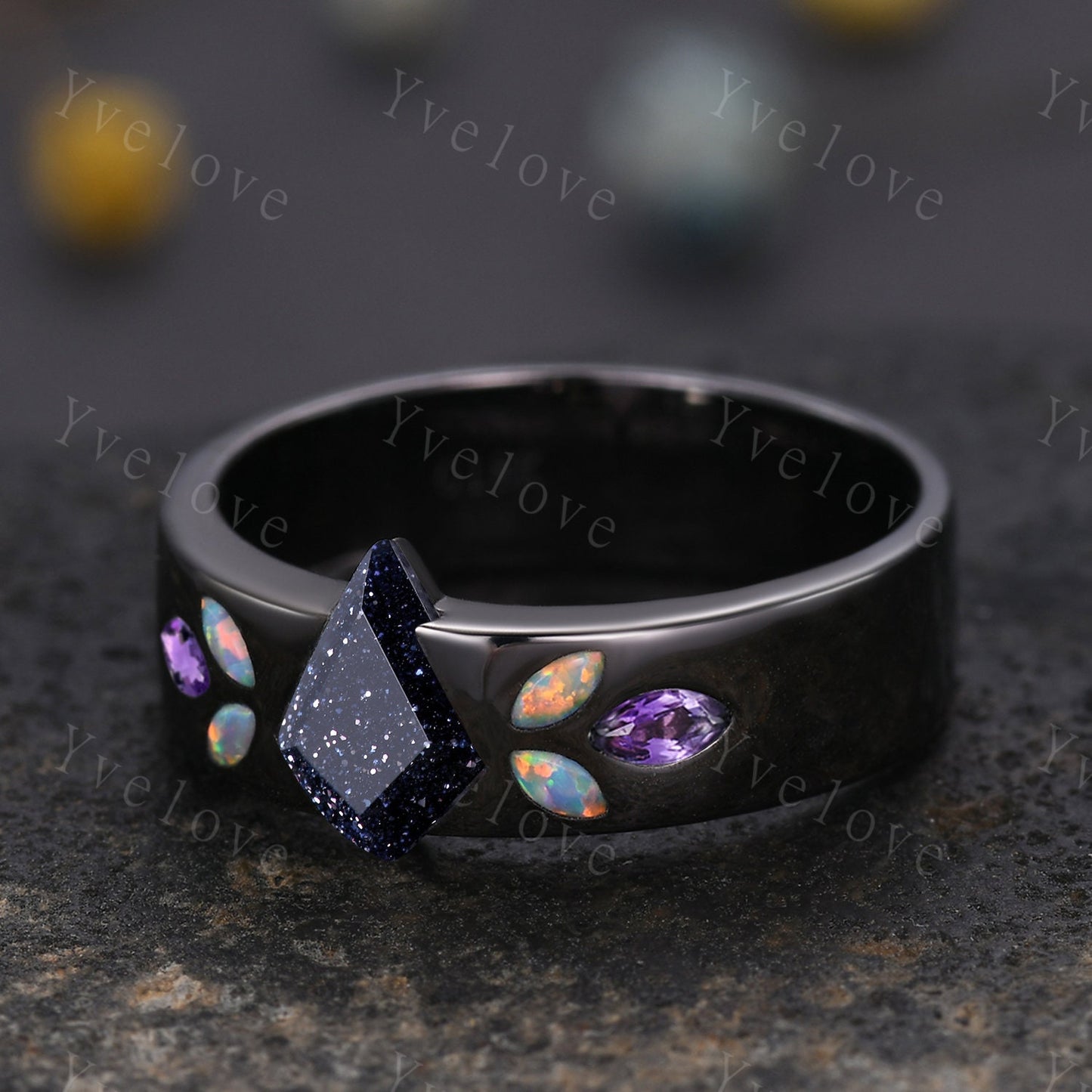 Couple Ring Mens Kite Cut Blue Sandstone Engagement Ring Marquise opal amethyst Wedding Band Black Band Mans Stacking Ring His Wedding band