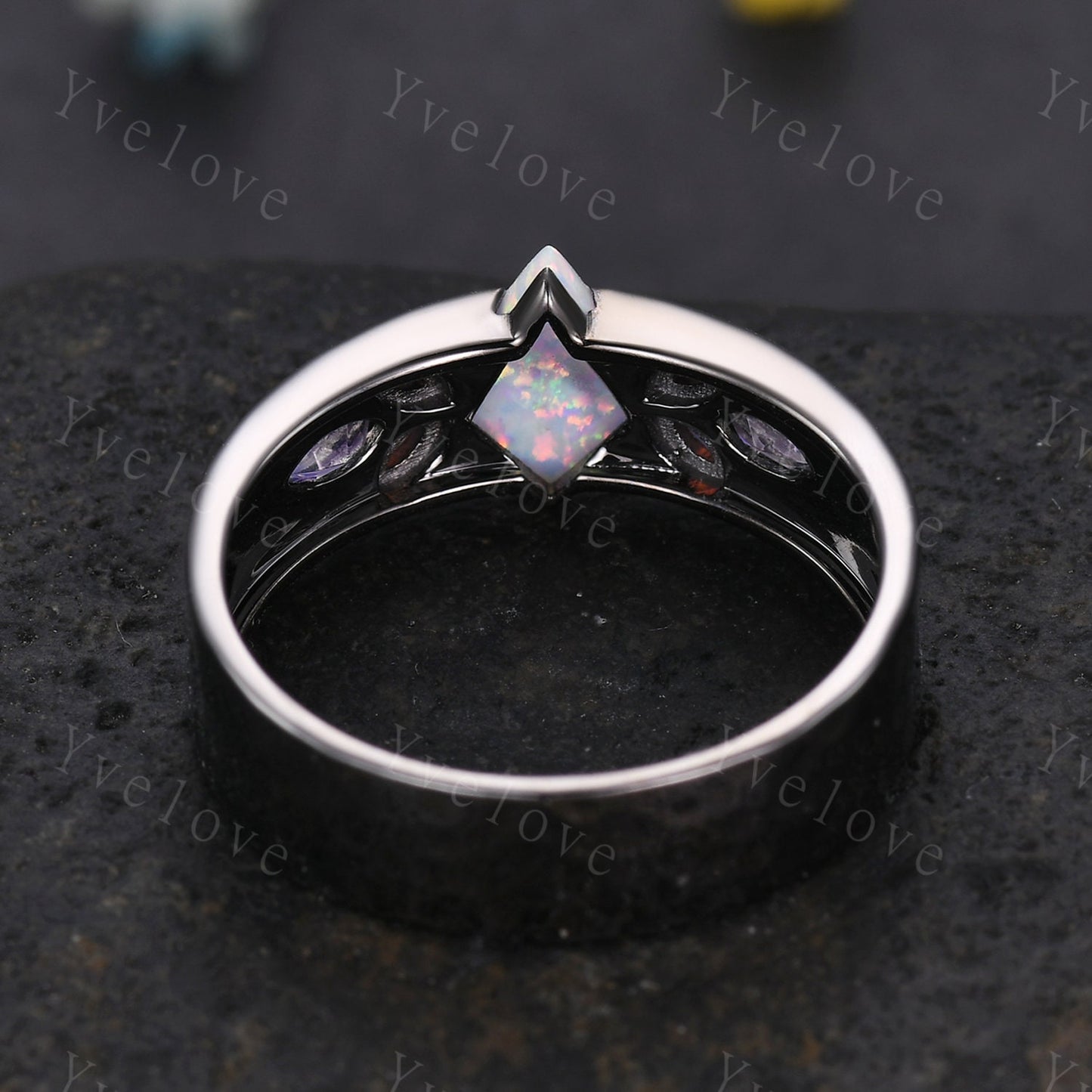 Couple Ring Mens Kite Cut Blue Sandstone Engagement Ring Marquise opal amethyst Wedding Band Black Band Mans Stacking Ring His Wedding band