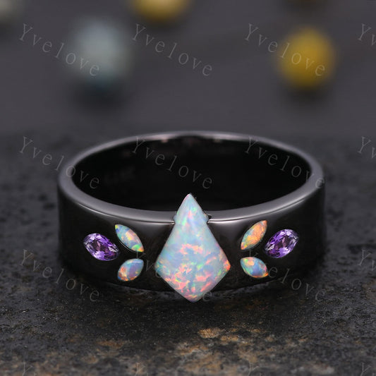 Couple Ring Mens Kite Cut White Opal Engagement Ring Marquise opal amethyst Wedding Band Black Band Mans Stacking Ring His Wedding band