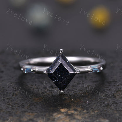 Vintage lozenge Blue Sandstone Couples Ring Set Galaxy Black Gold Matching Ring Alexandrite Promise Great Gift For Men For Women Nebula Ring