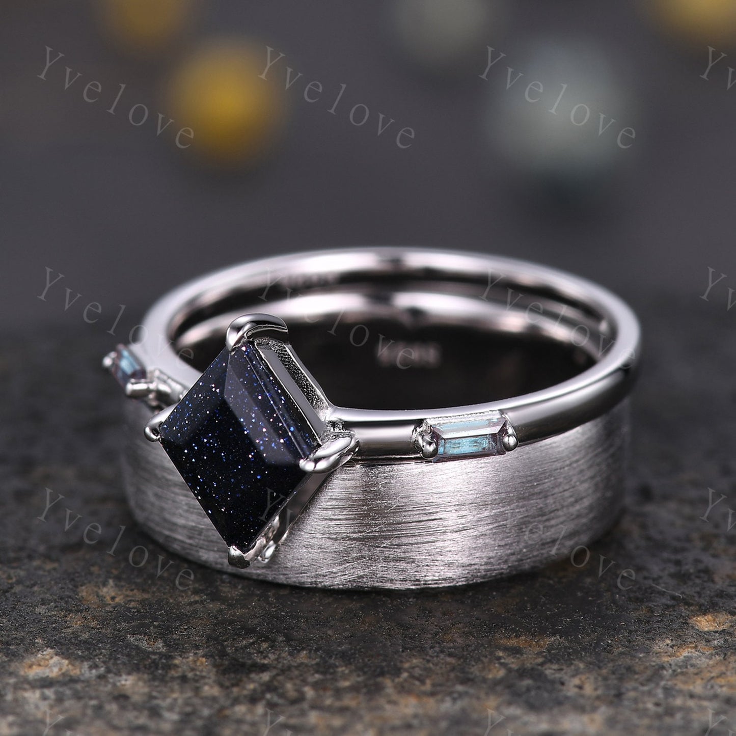 Vintage lozenge Blue Sandstone Couples Ring Set Galaxy Black Gold Matching Ring Alexandrite Promise Great Gift For Men For Women Nebula Ring