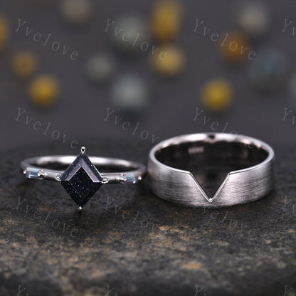 Vintage lozenge Blue Sandstone Couples Ring Set Galaxy Black Gold Matching Ring Alexandrite Promise Great Gift For Men For Women Nebula Ring