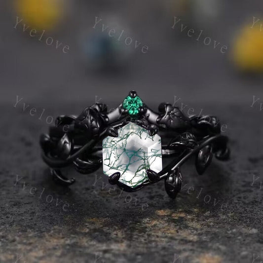 Hexagon Moss Agate Ring,Vintage Twig Vine Leaf Ring,Unique Moss Agate Engagement Ring,Emerald Ring,Black Promise Anniversary Bridal Ring