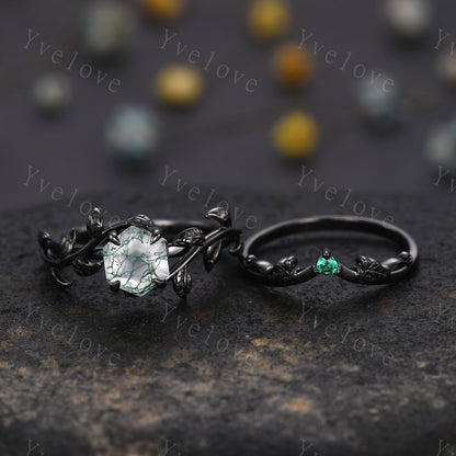 Hexagon Moss Agate Ring,Vintage Twig Vine Leaf Ring,Unique Moss Agate Engagement Ring,Emerald Ring,Black Promise Anniversary Bridal Ring