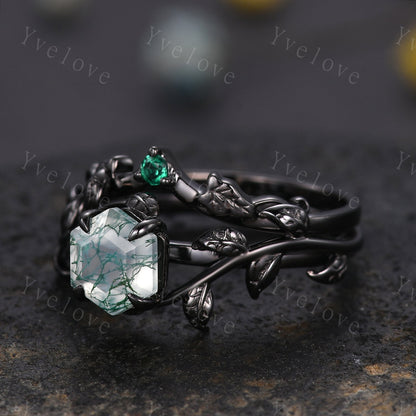 Hexagon Moss Agate Ring,Vintage Twig Vine Leaf Ring,Unique Moss Agate Engagement Ring,Emerald Ring,Black Promise Anniversary Bridal Ring