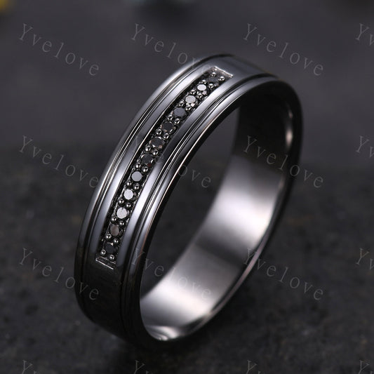 Mens Black Diamond Wedding Band Black Band Diamond channel Set Ring Unisex Stacking Matching Band Retro Vintage Ring Gift For Her or Him