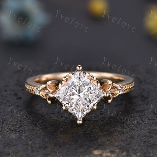 Unique Princess Lab Grown Diamond Engagement Ring 18K Solid Gold Milgrain Vintage CVD Diamond Wedding Ring Art Deco Promise Ring For Women