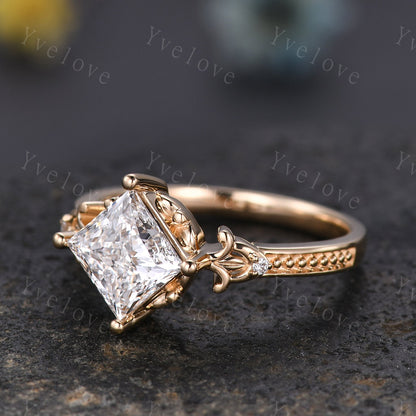 Unique Princess Lab Grown Diamond Engagement Ring 18K Solid Gold Milgrain Vintage CVD Diamond Wedding Ring Art Deco Promise Ring For Women