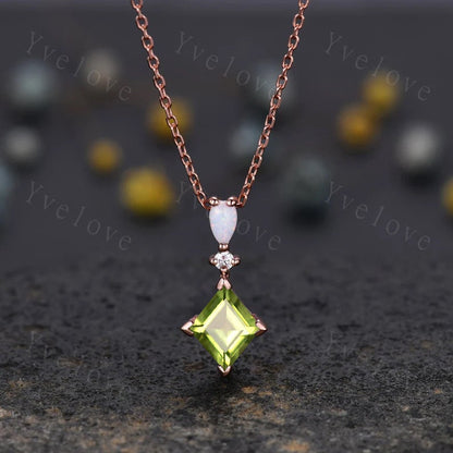 Vintage unique lozenge moss agate necklace solid 14k rose gold opal diamond personalized pendant for women anniversary bridal gift for her