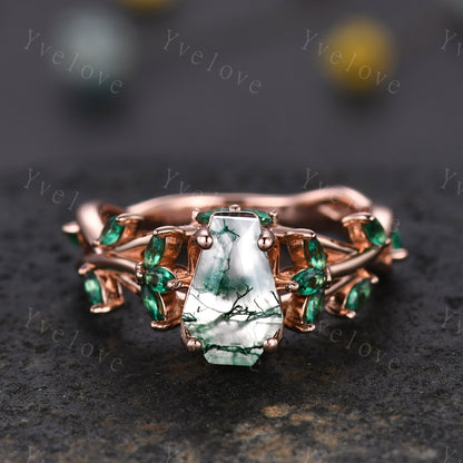 Coffin cut moss agate engagement ring,nature inspired twig leaf marquise green emerald,14k rose gold,unique vintage promise gift for women