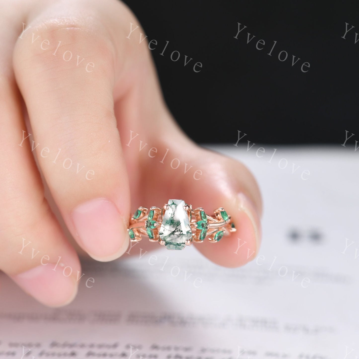 Coffin cut moss agate engagement ring,nature inspired twig leaf marquise green emerald,14k rose gold,unique vintage promise gift for women