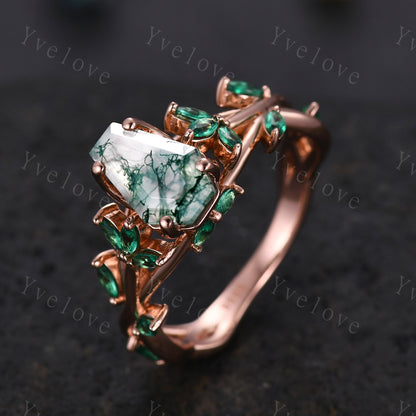 Coffin cut moss agate engagement ring,nature inspired twig leaf marquise green emerald,14k rose gold,unique vintage promise gift for women