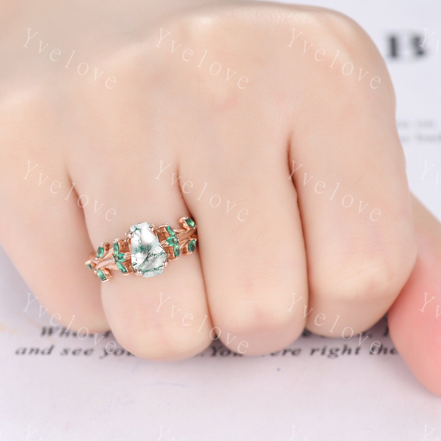 Coffin cut moss agate engagement ring,nature inspired twig leaf marquise green emerald,14k rose gold,unique vintage promise gift for women