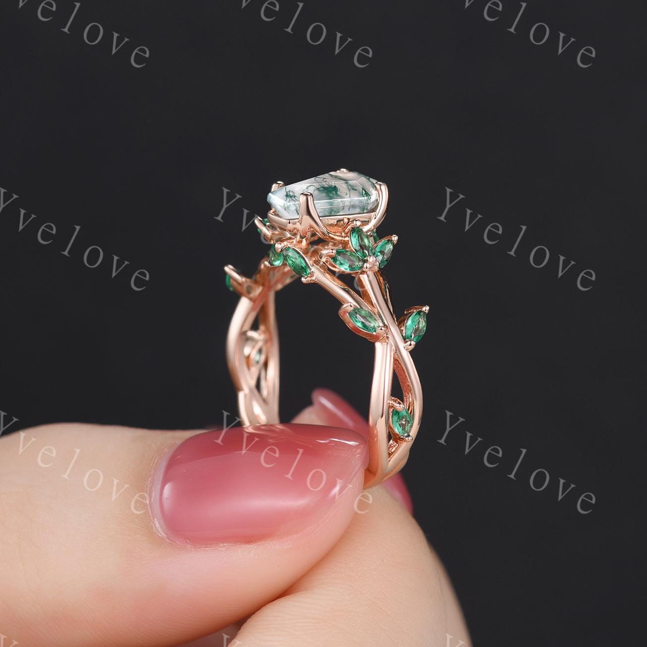 Coffin cut moss agate engagement ring,nature inspired twig leaf marquise green emerald,14k rose gold,unique vintage promise gift for women