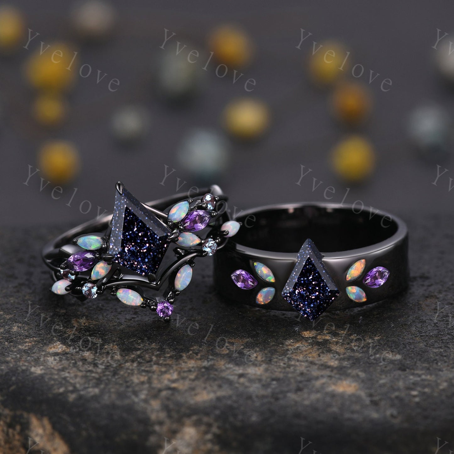 Couple Ring Mens Kite Cut Blue Sandstone Engagement Ring Marquise opal amethyst Wedding Band Black Band Mans Stacking Ring His Wedding band