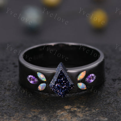 Couple Ring Mens Kite Cut Blue Sandstone Engagement Ring Marquise opal amethyst Wedding Band Black Band Mans Stacking Ring His Wedding band