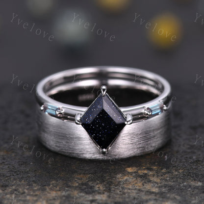 Vintage lozenge Blue Sandstone Couples Ring Set Galaxy Black Gold Matching Ring Alexandrite Promise Great Gift For Men For Women Nebula Ring