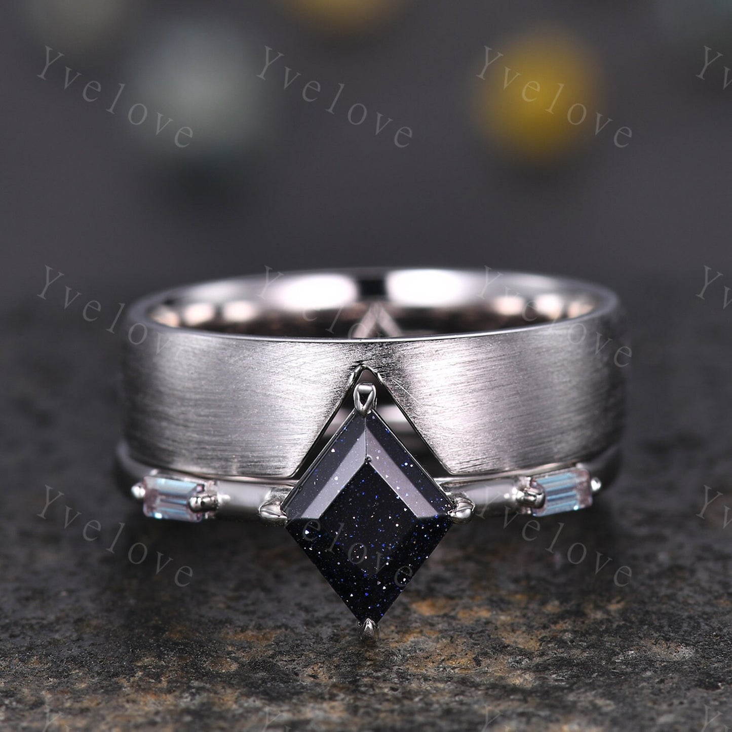 Vintage lozenge Blue Sandstone Couples Ring Set Galaxy Black Gold Matching Ring Alexandrite Promise Great Gift For Men For Women Nebula Ring