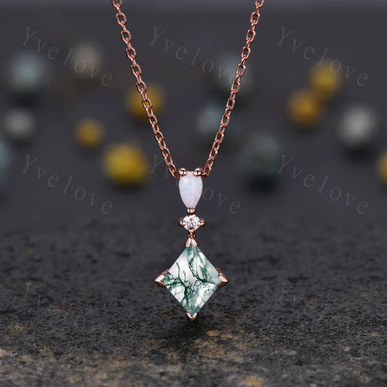 Vintage unique princess cut green peridot necklace rose gold ring opal diamond customized pendant anniversary promise bridal gift for her