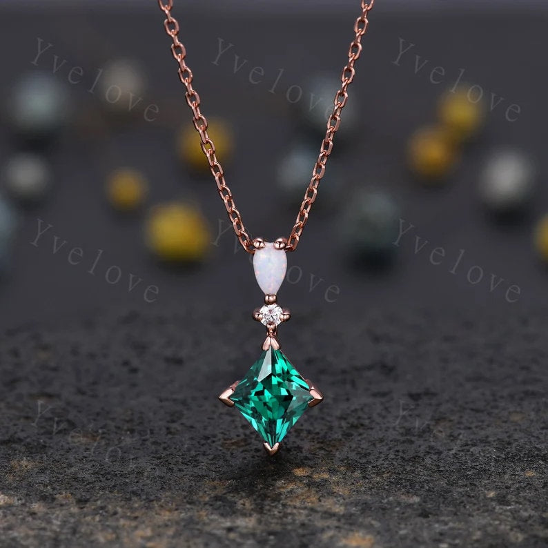 Vintage unique princess cut green peridot necklace rose gold ring opal diamond customized pendant anniversary promise bridal gift for her