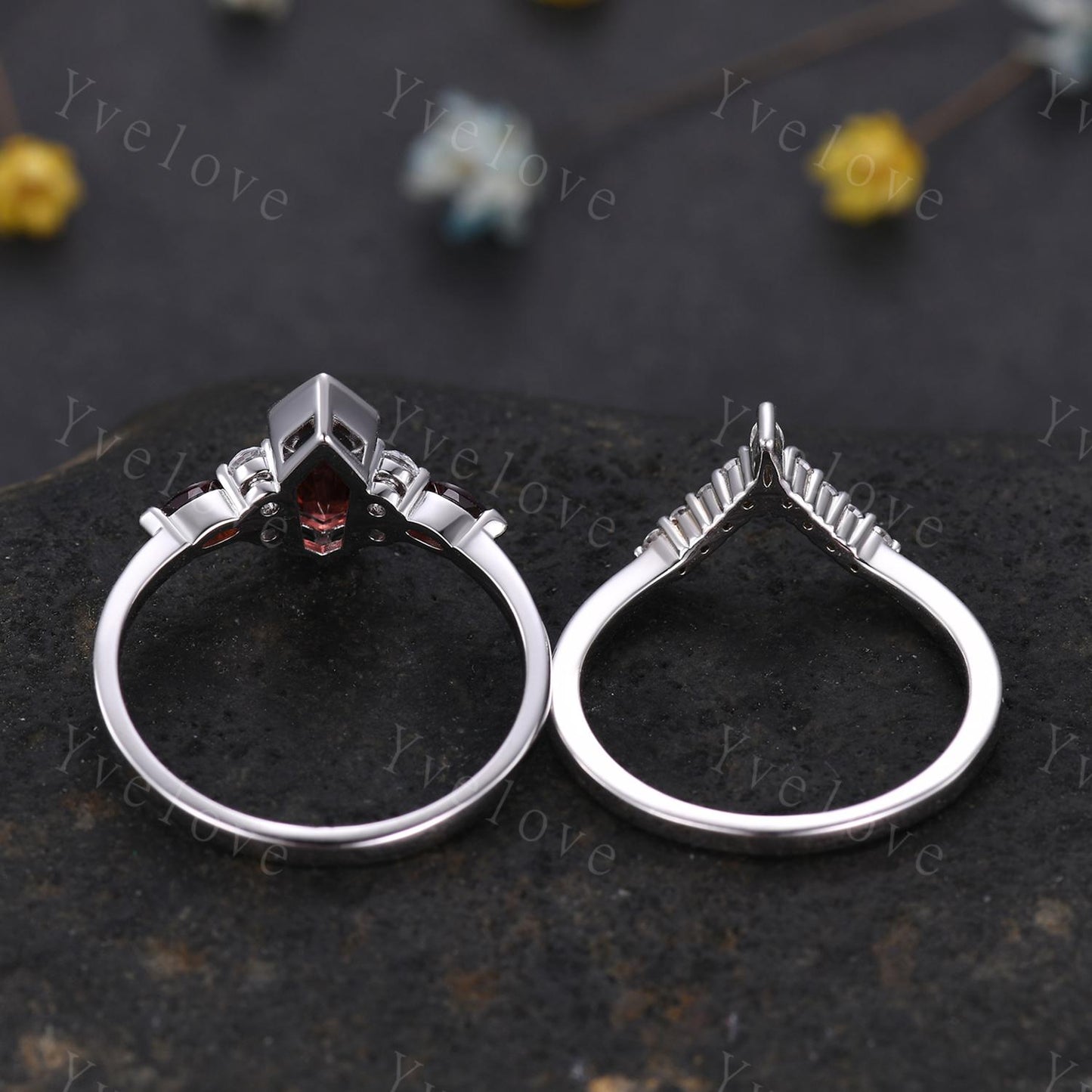 Art Deco Coffin Cut Red Garnet Engagement Ring Set,Unique Garnet Ring,Curved Diamond Stacking Matching Band Promise Anniversary Ring Gift