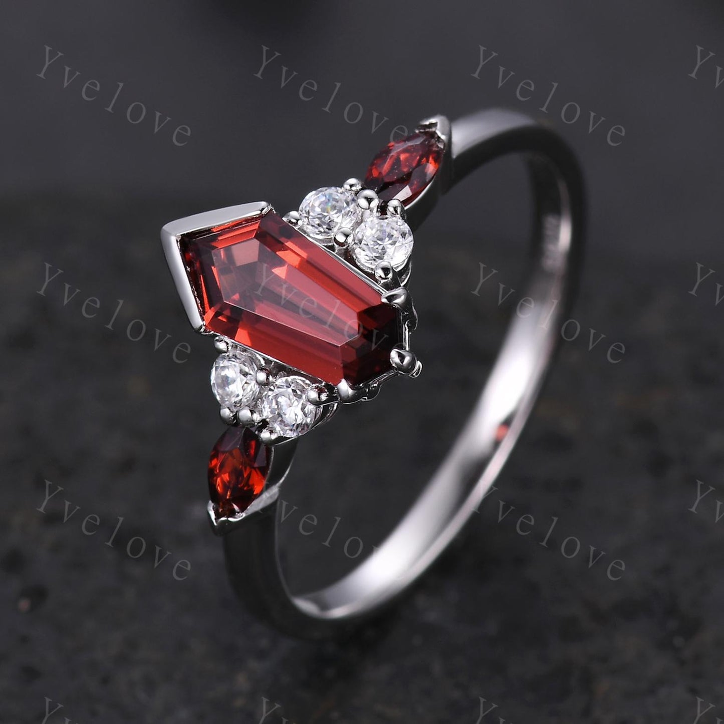 Art Deco Coffin Cut Red Garnet Engagement Ring Set,Unique Garnet Ring,Curved Diamond Stacking Matching Band Promise Anniversary Ring Gift