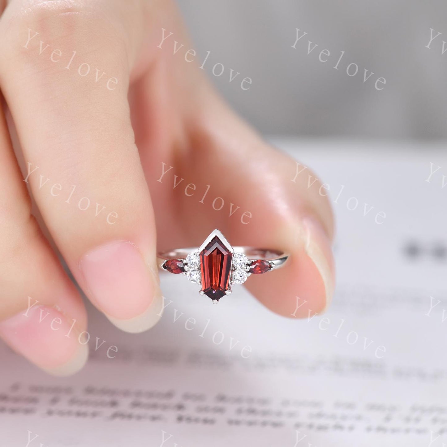 Art Deco Coffin Cut Red Garnet Engagement Ring Set,Unique Garnet Ring,Curved Diamond Stacking Matching Band Promise Anniversary Ring Gift