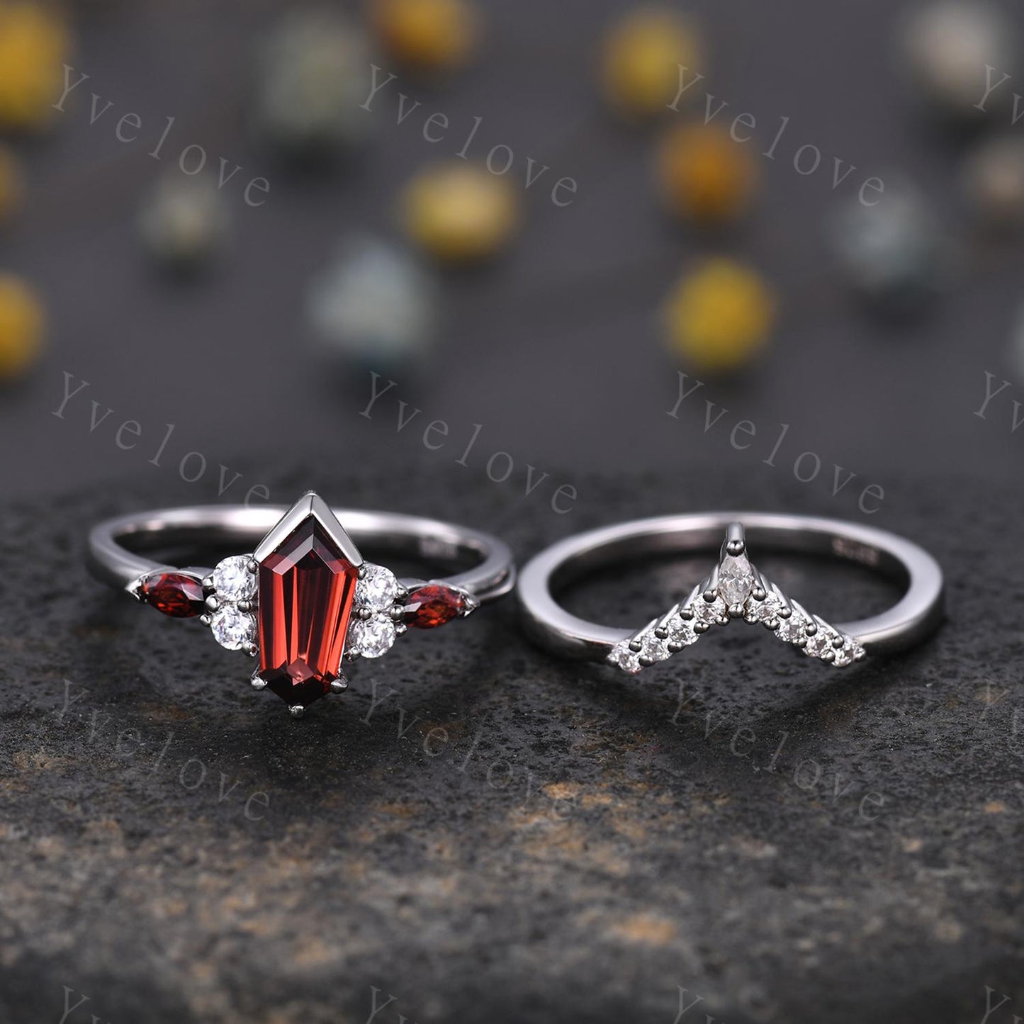 Art Deco Coffin Cut Red Garnet Engagement Ring Set,Unique Garnet Ring,Curved Diamond Stacking Matching Band Promise Anniversary Ring Gift