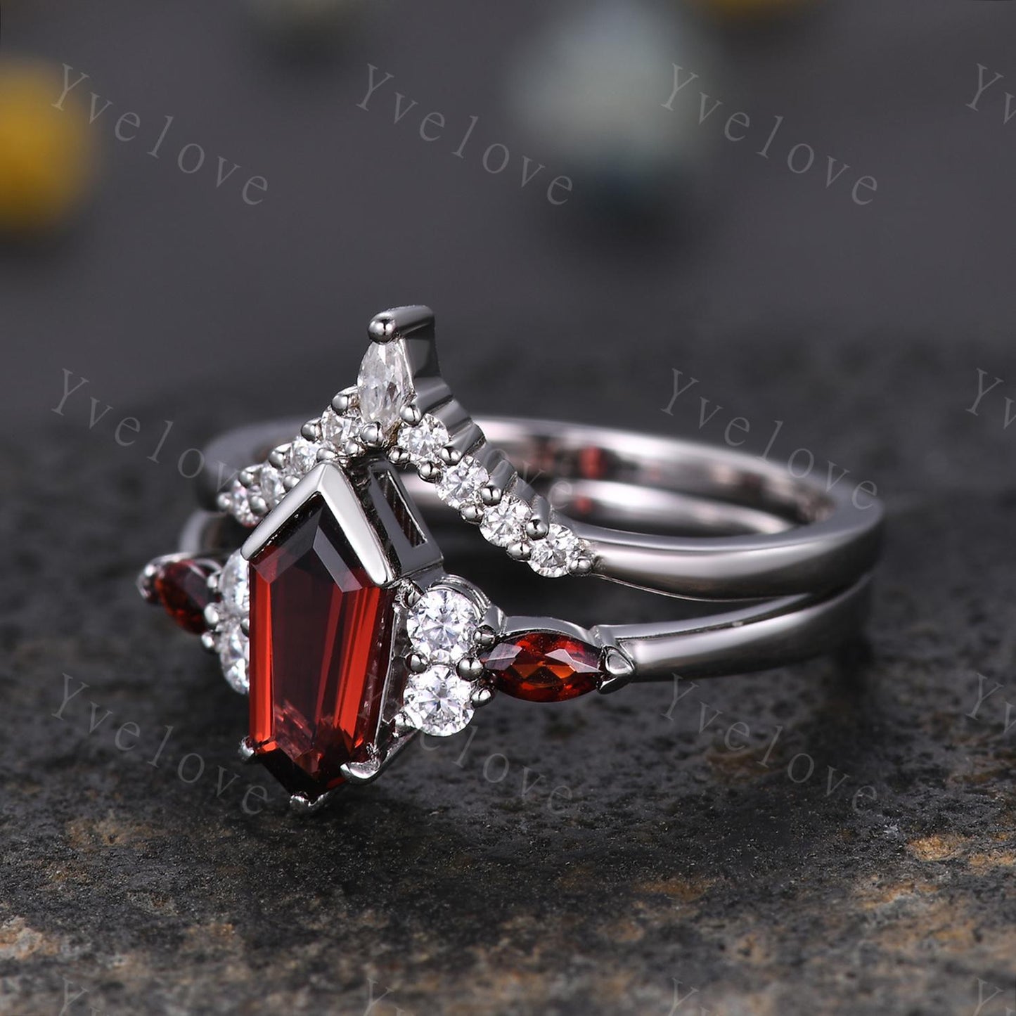 Art Deco Coffin Cut Red Garnet Engagement Ring Set,Unique Garnet Ring,Curved Diamond Stacking Matching Band Promise Anniversary Ring Gift