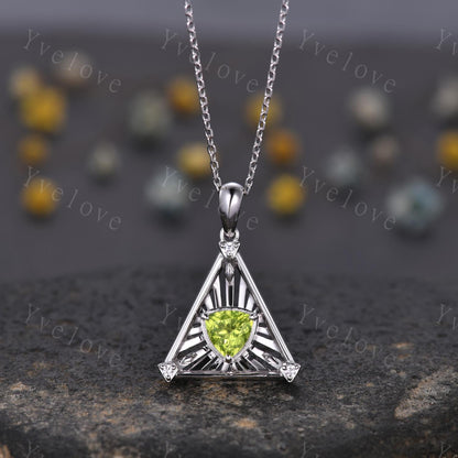 Gothic trillion shape peridot pendant white gold necklace unique triangle cut peridot engagement necklace wedding necklace birthday gift