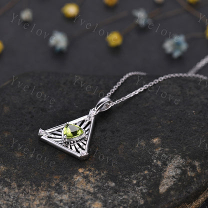 Gothic trillion shape peridot pendant white gold necklace unique triangle cut peridot engagement necklace wedding necklace birthday gift