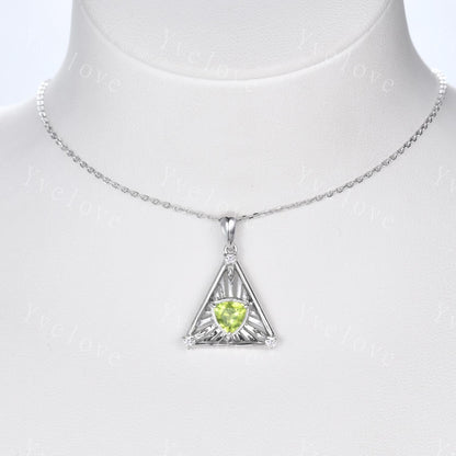 Gothic trillion shape peridot pendant white gold necklace unique triangle cut peridot engagement necklace wedding necklace birthday gift