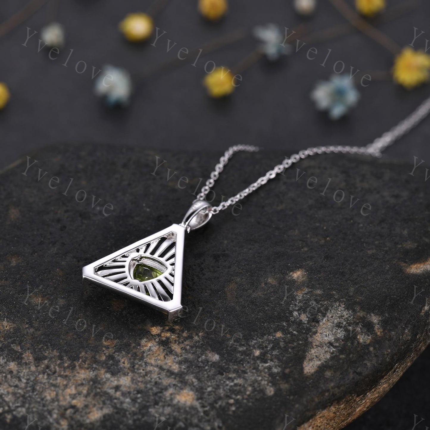 Gothic trillion shape peridot pendant white gold necklace unique triangle cut peridot engagement necklace wedding necklace birthday gift