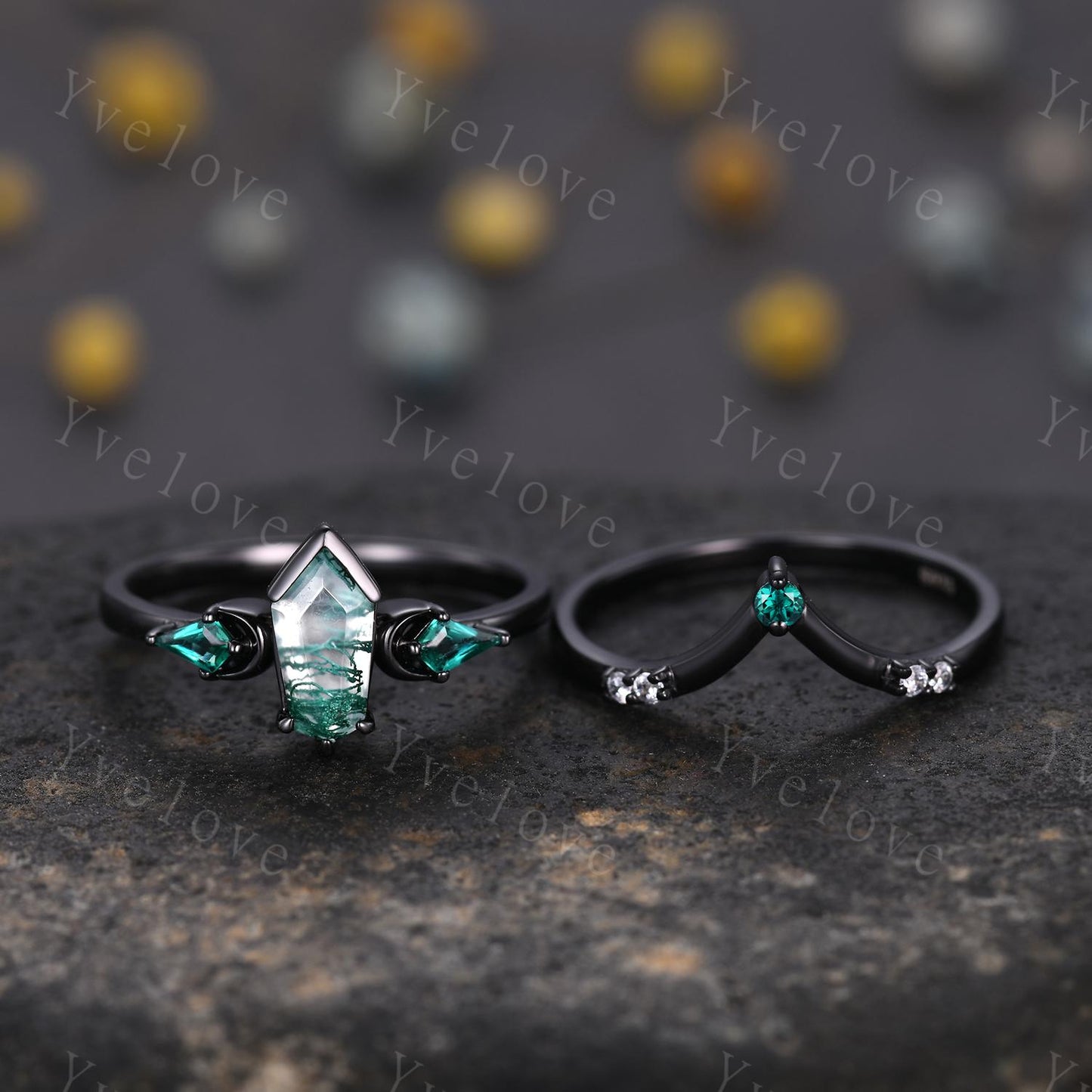 Gothic Coffin Cut Moss Agate Engagement Ring Set,Unique Natural Agate Ring,Kite Emerald Ring,Black Gold Moon Band Promise Gift Bridal Set