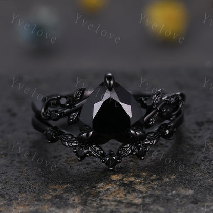 8 mm Heart Shape Black Onyx Ring,Vintage Twig Vine Leaf Ring,Antique Black Onyx Bridal Promise Ring Set Nature Inspired 14K Rose Gold band