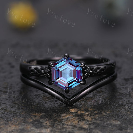 Vintage Alexandrite Engagement Ring Set,Black Gold Ring,Hexagon Cut Bridal Ring,Art Deco Alexandrite Stackable Band,Promise Gift For Her